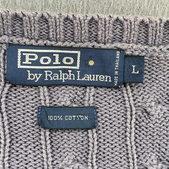 Polo By Ralph Lauren Sweater Mens Large Gray Cable Knit V Neck Cotton Pullover - Picture 3 of 8